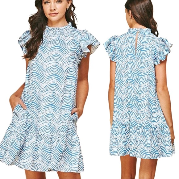 Pinch Dresses & Skirts - NWOT PINCH Drop-Waist Mini Dress – Blue White Zebra Print – Size Small